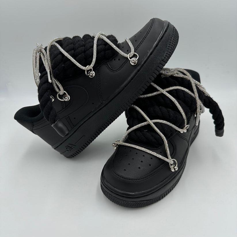 Nike Air Force 1 Black "Rope Laces Black" Triple Crystal Silver